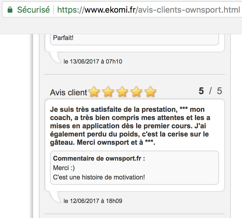 Avis d'une cliente ayant fait appel à un coach sportif sur Ekomi. Elle est très satisfaite et a perdu du poids.