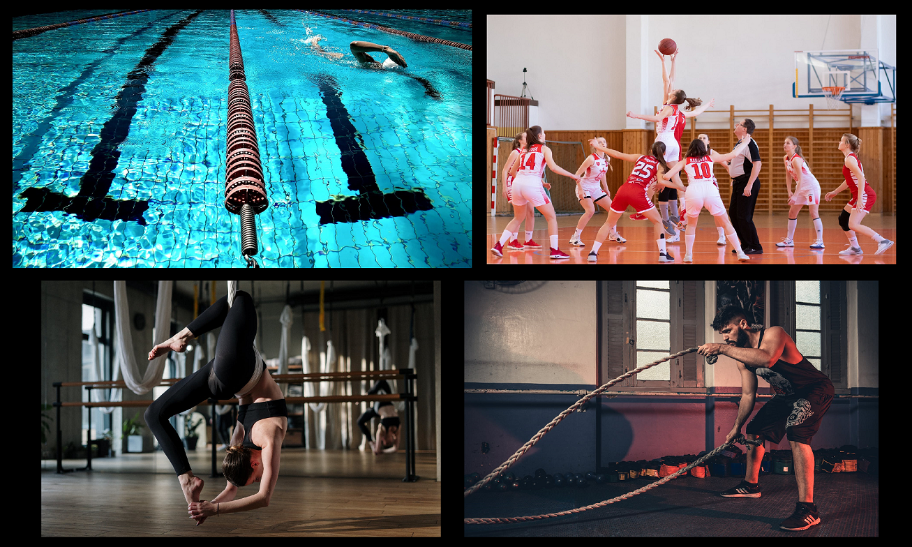 Images d'illustration pour plusieurs sports différents : yoga, natation, musculation et basket
