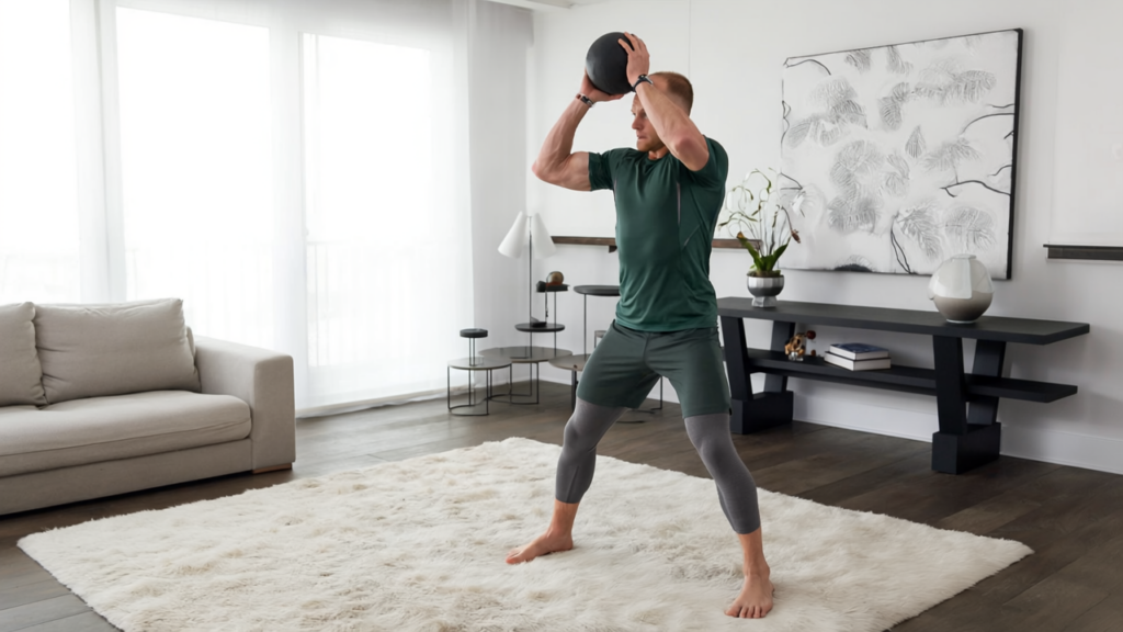Un homme en tenue de sport en train de réaliser l'exercice du wood chop.