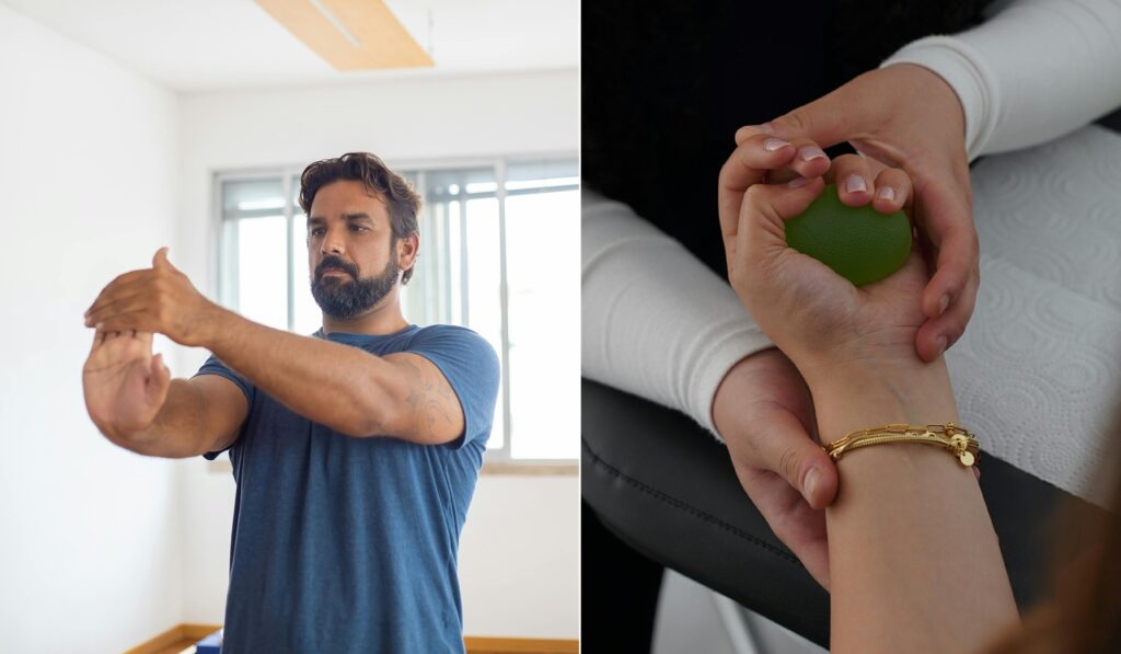 Deux exercices propices à la rééducation du golf elbow : l'étirement du poignet et le travail de la force dans la main.