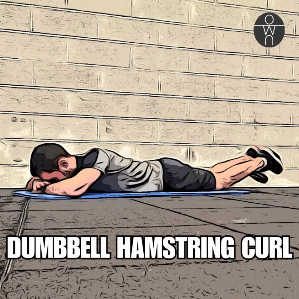 Un gif animé de notre coach sportif en train de réaliser le Dumbbell hamstring curl sur un tapis de gym.