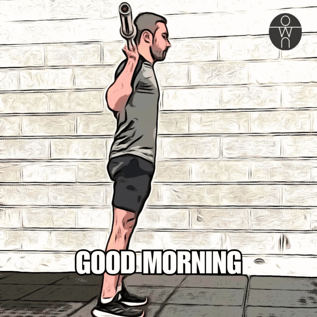 Gif animé de notre coach sportif en train d'exécuter l'exercice du good morning avec une barre de musculation dans sa salle de sport.