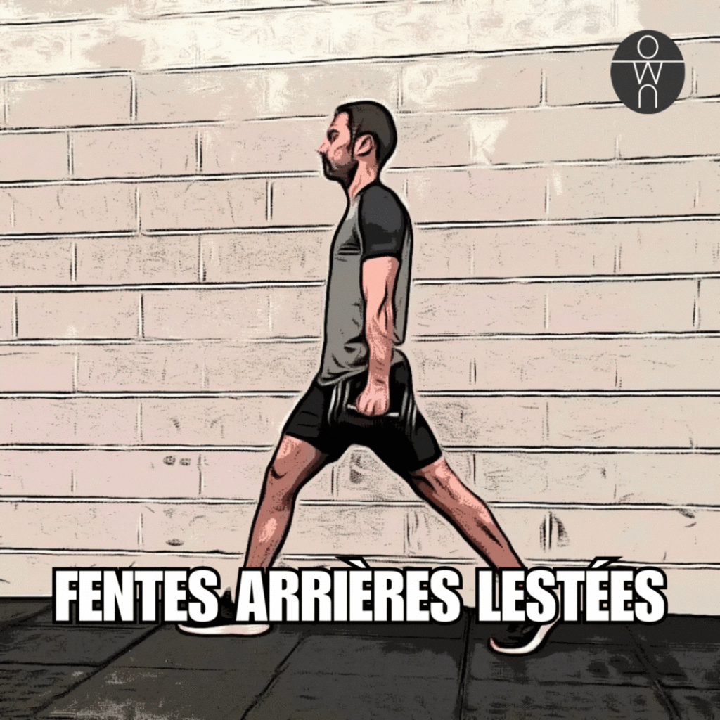 Un coach sportif en tenue de sport dans sa salle privée réalise une fente arrière lestée