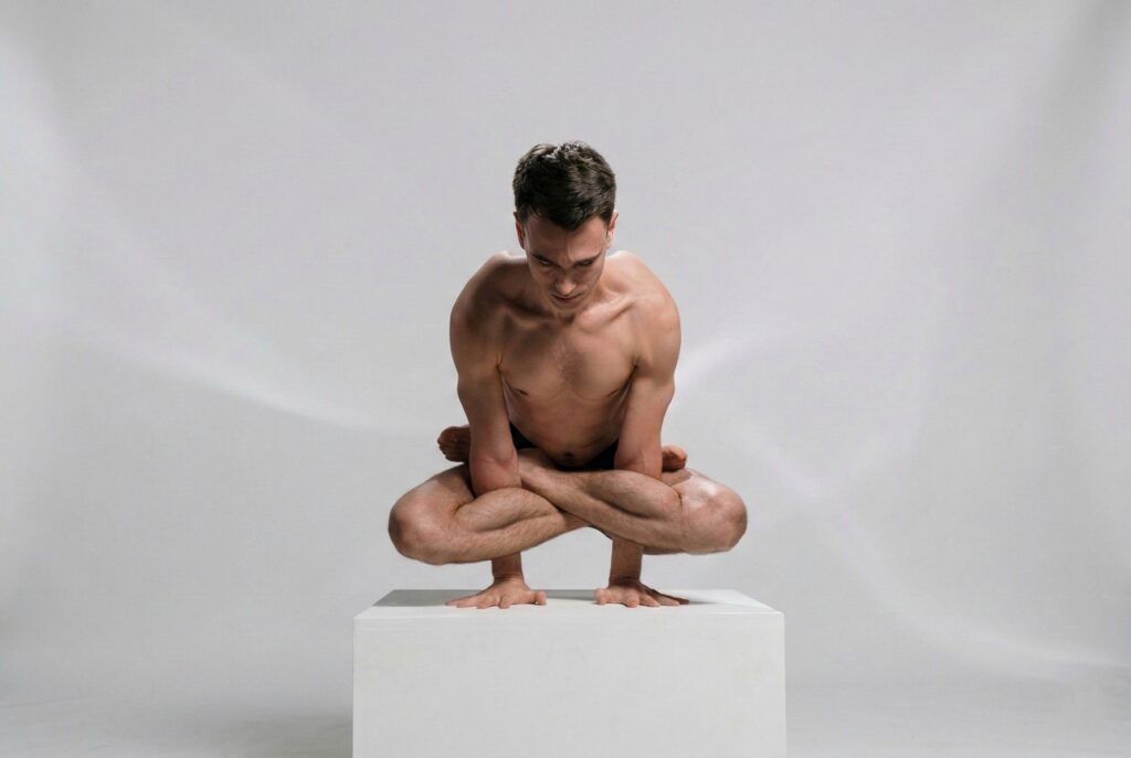 Un homme réalise la posture du coq sur un piédestal.