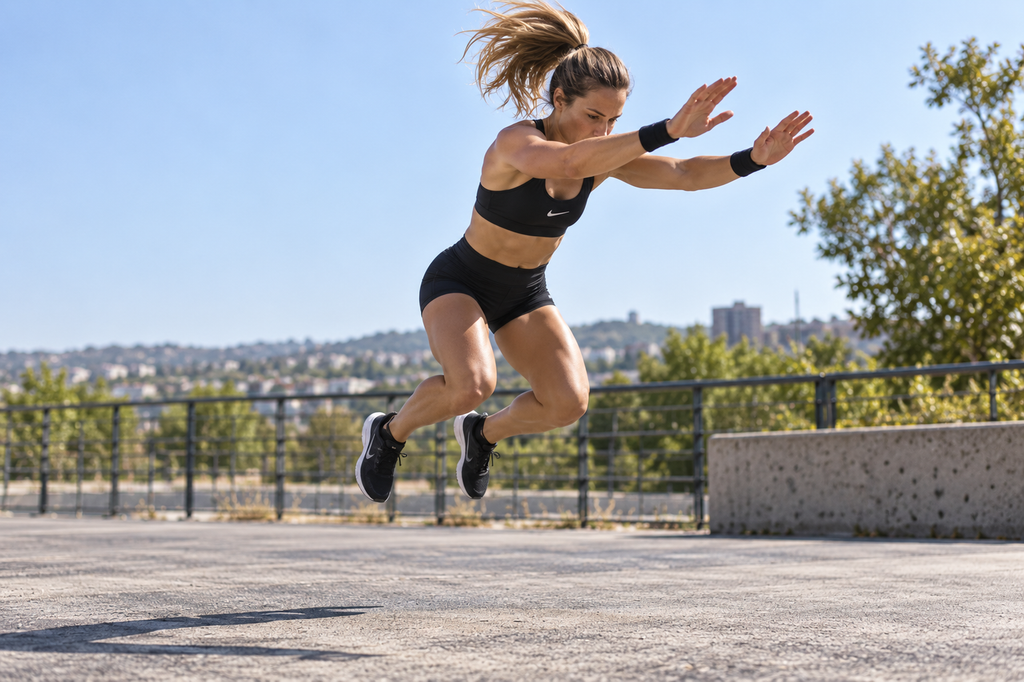 Une femme en tenue de sport et en extérieur saute pour l'exercice du burpee broad jump.