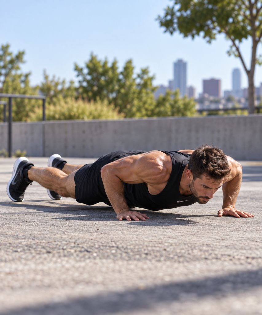 Un homme au sol en posture de planche pour le burpee broad jump.