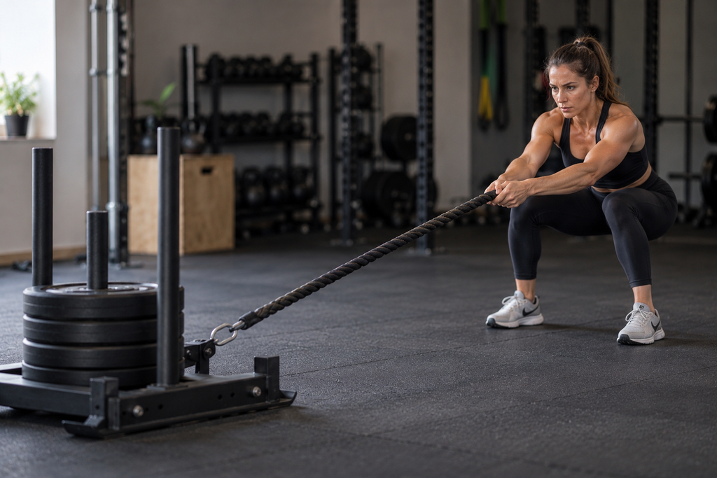 Une sportive en posture de squat tient une corde reliée à un traineau de puissance.